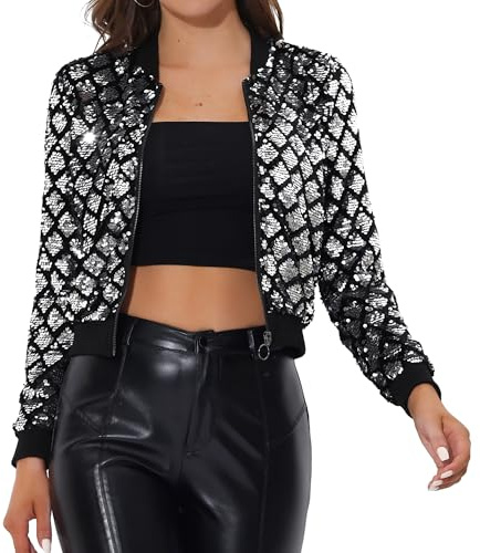 Allegra K Damen Jacken Party Bomberjacke Pailletten Glitzer Langarm Reißverschluss Club Jacke Glitzerjacke Splitter M