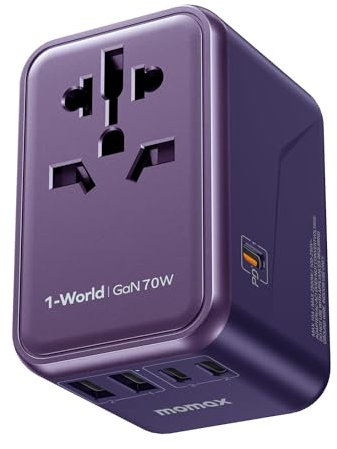 MOMAX Universal Travel Adapter,70W GaN Travel Plug Adapter with UK/EU/AU/US Plugs, 3USB-C PD & 2USB-A QC International Adapter Charger, Adapter Plug for Laptops Phones Vision Pro 1-World-Purple