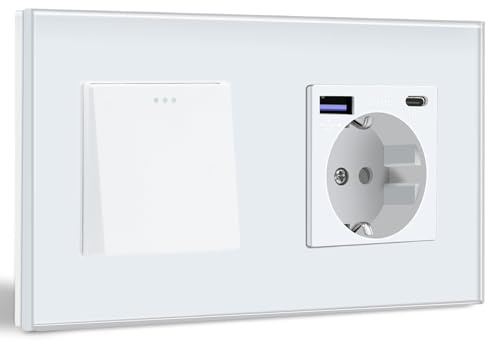 BSEED Lichtschalter mit Steckdose Schuko Unterputz Steckdose mit USB C 20W Schnellladegerät USB Type C 1 Fach 1 Weg Taste Schalter mit Glas Rahmen Wandsteckdose Geeignet für Phone, Pad-Weiß