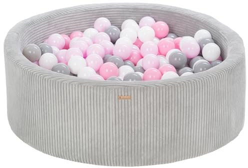 Velinda Bällebad Bällepool Bällebecken Spielbecken Kordsamt-Bezug 300 Bälle rund ⌀90 cm (Farbe des Pools/der Bälle: grau/weiß, grau, rosa, pink (Pastell))