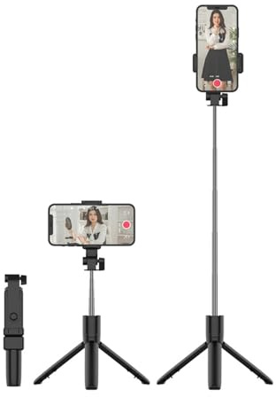 Phone Selfie Stick Tripod, Extendable Folding Flexible Phone Tripod with Wireless Remote, Rotating Base Battery Powered Portable Lightweight Phone Stand Tripod (Black)