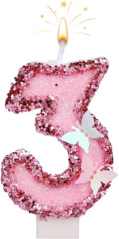 SAVITA 7cm Geburtstag Nummer Kerzen, Glitzernde Zahlenkerze Rosa Zahlenkerzen Kuchenaufsatz Schmetterlings-Geburtstagskerzen mit Pailletten für Jubiläumsfeiern (Nummer 3)