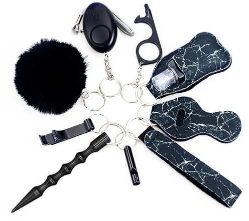 Selbstverteidigung Schlüsselanhänger Set Frauen, RosyFate 8 in 1 Self Defense Keychain Set, Sicherheits-Schlüsselanhänger-Zubehör , Sicherheitsalarm, Sicherheitshammer mit Gurtschneider (Schwarz)