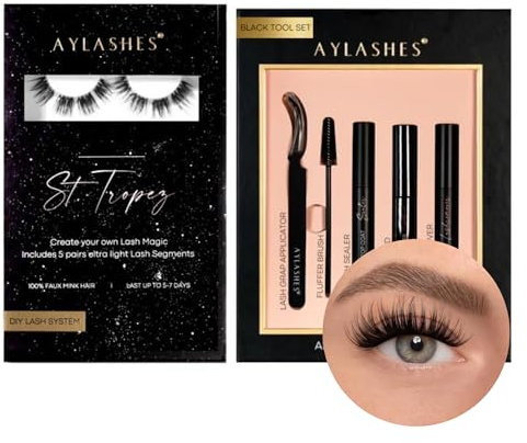 AYLASHES - DIY Wimpernextensions Starter Set ST. TROPEZ | 5 Paar Wimpern, Applikator, Wimpernkleber, Top Coat Sealer schwarz, Lash Remover | Wimpern DIY Set für zu Hause | bis zu 7 Tage Halt