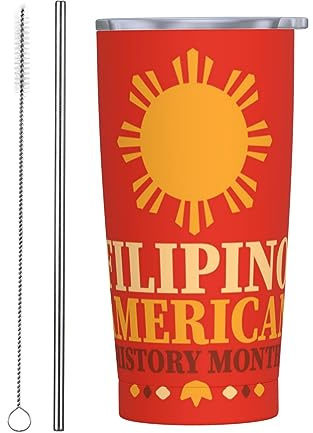 Melbrakin Bicchiere del mese del patrimonio americano filippino con coperchio e cannuccia Bicchiere da viaggio riutilizzabile per tazze da caffè riutilizzabile in acciaio inossidabile da 20 once
