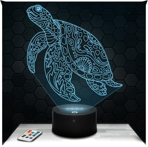 Lampephoto.fr - Lampe Schildkröte Mandala 3D Nachtlicht Meerestier Reptil | Made in France, Sockel & Größe wählbar, dimmbar, Batterie/USB, HD-Lasergravur, Geschenk für Kinder