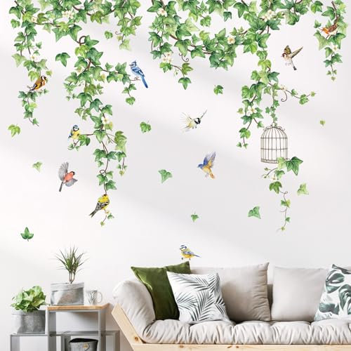 decalmile Hanging Vine Ivy Wall Stickers Birds Green Plants Evergreen Leaves Wall Decals Living Room Bedroom TV Background Wall Decor