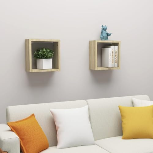 Gecheer Würfelregale 2 STK Sonoma-Eiche 30x15x30 cm, Wandmontage Hängeregale für Wohnzimmer Schlafzimmer Küche Dekoration