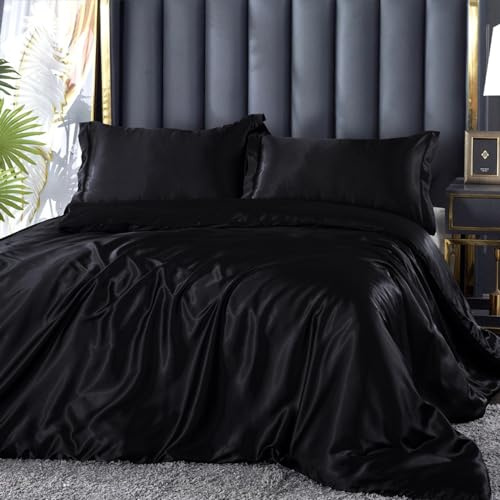 Bettwäsche 220x240 Satin Schwarz Seide Glänzend Glatt Glanzsatin Bettwäsche Bettbezug Doppelbett Set Schwarze Einfarbig Luxus Microfaser Bettwäsche-sets mit Reissverschluss und Kissenbezüge 80x80 cm