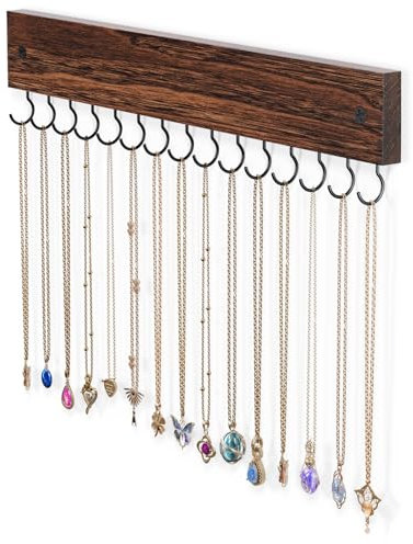 Lolalet Hanging Jewelry Organizer with 15 Hooks, Wooden Necklaces Hanger Easy Install Wall Mount Necklace Holder for Bracelets Earrings -Brown