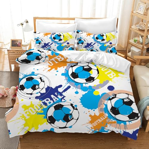 Leleyouzer Set biancheria da letto calcio 135×200 cm per bambini, set biancheria da letto con motivo calcio 3D, copripiumino per bambini in microfibra + 2 federe 50 x 75 cm (ZQ4)
