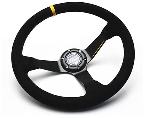 Sportlenkrad,Drifting Steering Wheel,Lenkrad 350mm Leder Racing Lenkrad Universal Gelb Rosa Streifen Auto Sport Lenkrad Aluminiumrahmen(Yellow)
