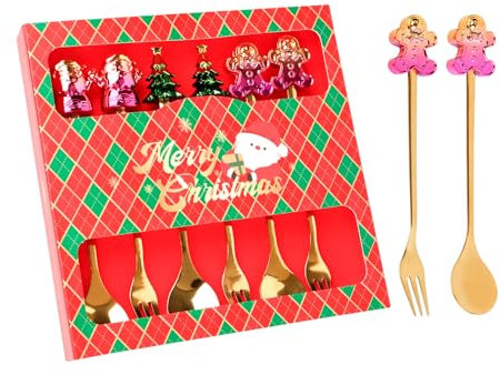 FRUHLING 6 Stück Weihnachtsbesteck Set Edelstahl Weihnachtslöffel Weihnachtsgabeln Kaffeelöffel Dessertlöffel Gold Kuchenlöffel mit Geschenkbox für Bar Café Küchentischdekoration