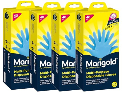 Welari Marigold Multi-Purpose 40pcs M/L Disposable Rubber Gloves Pack of 4 Latex FREE for Sensitive Skin Strong Multipurpose Cooking Cleaning DIY Crafts Thank You Card | (4pack) (160gloves)