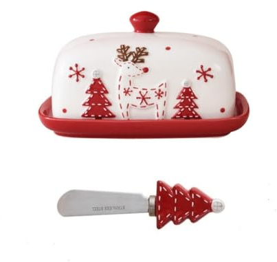 Applicable to Christmas gifts, butter plates, butter knives, Western food dishes, Dim sum biscuits, dessert dishes with covers, Nordic style (Red, A set)