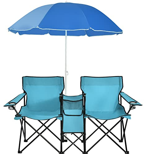 GYMAX Sedia da Campeggio Pieghevole per 2 Persone con Ombrellone, Poltrona da Campeggio con Tasche, Portabicchieri e Borsa da Trasporto, Ideale per Spiaggia, Pesca, Barbecue, Picnic (Turchese)