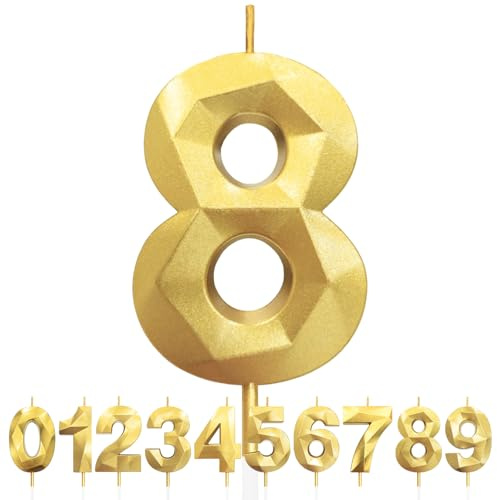 Kerzen zum 8. Geburtstag, Zahl 8, goldene Geburtstagskerzen für Kuchen, Diamant-3D-Happy Birthday-Kerzen, Kuchenkerzen-Dekorationen für Geburtstagsparty, Hochzeitstag, Feier-Zubehör