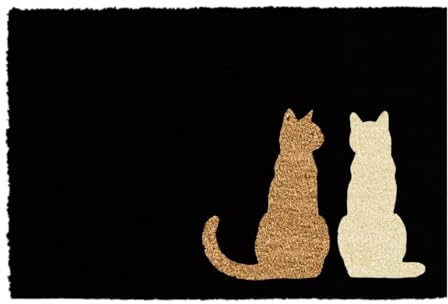 CKB LTD Bedruckte Fußmatte mit zwei sitzenden Katzen, vorne und hinten, aus rutschfester Kokosfaser, für drinnen und draußen (Schwarz/Hellweiß)