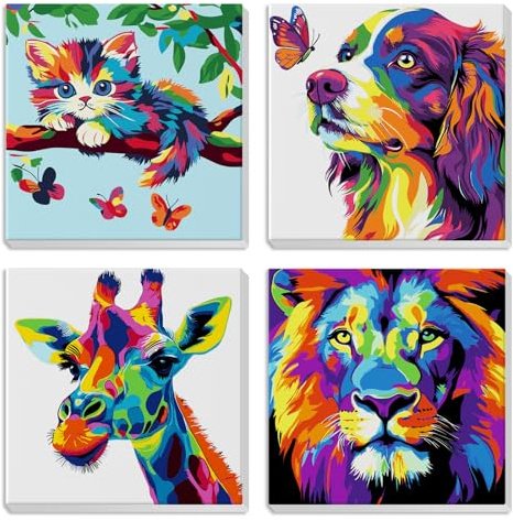 MXJSUA 4 Pack Paint by Numbers Kit for Kids with Frame, Animal Kids Paint by Number for Ages 6-8-12, Cat Dog Giraffe Lion Pattern on Canvas, DIY Acrylic Oil Paints for Home Wall Decor 20x20cm
