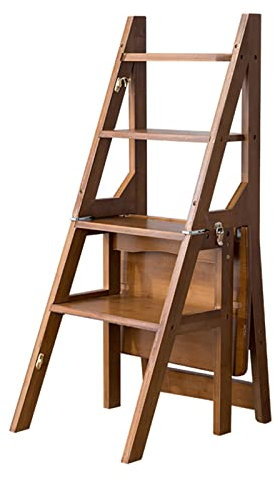 Scaffale rustico pieghevole a 4 gradini in legno con maniglia per cucina, camera da letto, bagno, noce/marrone/bianco, sgabello multifunzionale per la casa