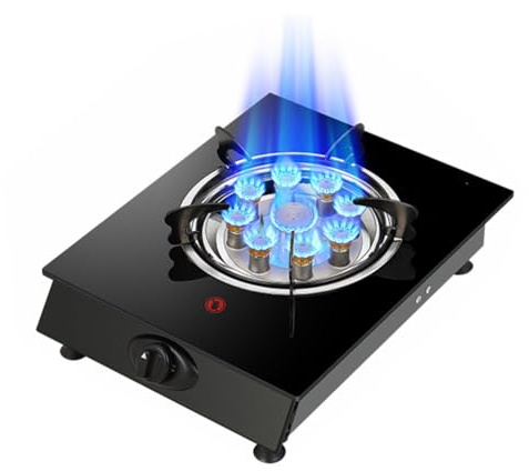 Cuisinière À Gaz 1 Brûleur, Cuisinière De Conversion Gaz Naturel/gaz Liquéfié 5,2 KW, Table De Cuisson En Verre Trempé Noir, Cuisinière À Gaz De Table Avec Protection Contre L'extinction(LPG)