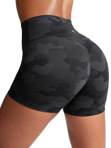 CRZ YOGA Secretsculpt Butterlift Biker Shorts 4 - No Front Seam High Waisted Womens Workout Gym Booty Scrunch Butt Dark Grey Camouflage 2 Medium