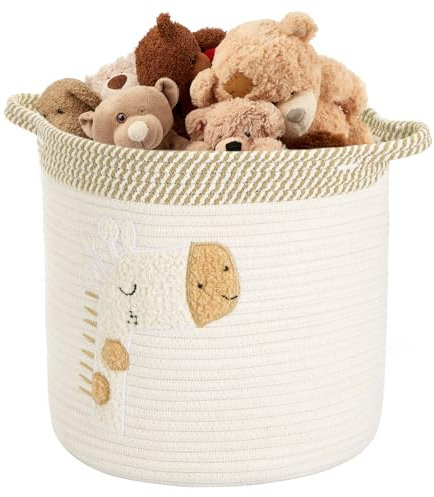Huiguli Children's Cotton Storage Basket, Children's Room Storage Baskets with Handle for Toys and Laundry, Woven Laundry Basket for Living Room, Bathroom, Bedroom, 30 x 30 cm, Beige (Giraffe)