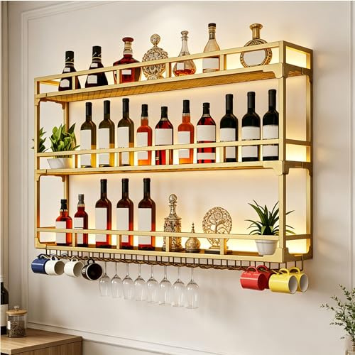 Weinregal Wand Metall Bar Regal Wand Flaschenregal Schmal mit Licht Weinschrank Barschrank Weinständer Küchenregal Hängend con Weinglashalter für Bartheke Wohnzimmer Esszimmer(Gold,80cm(31.49in))