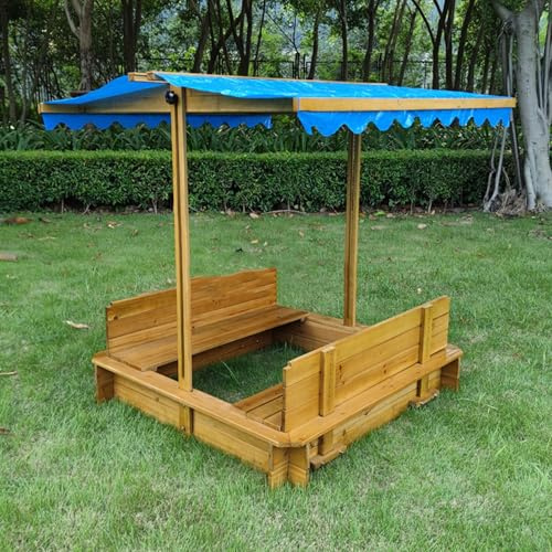 Large Wooden Sand Box with Foldable Bench Seats Retractable Roof and Lid Perfect for Backyard Garden Fun