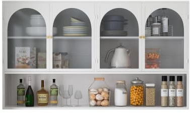 HAINEW Moderner Hängeschrank Küchenschrank Wandschrank mit 4 Glastüren, Metal und Glas Badschrank Sideboard Hängend Medizinschrank für Küche Bad, 120×23×70cm (Weiß)