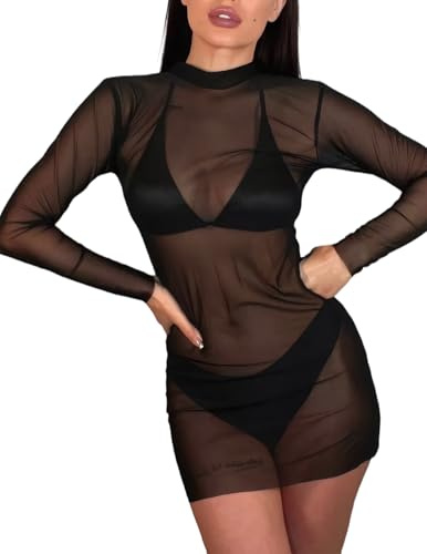 NewBull Lingerie en maille pour femme Bikini Paréo de plage Chemise fine courte semi-transparente Mini jupe avec manches longues et col rond T-shirt d'été, Noir , Taille Unique