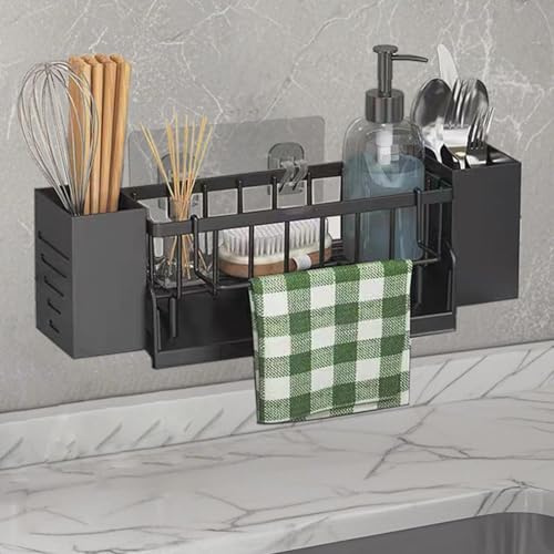 Koolkasa Spülbecken Organizer Kitchen Schwammhalter Hängend - Spüle Organizer mit Spültuchhalter und Aufbewahrungsbox, Metall Sink Organizer mit Automatisch Abflusspfanne - Ohne Bohren (Schwarz)