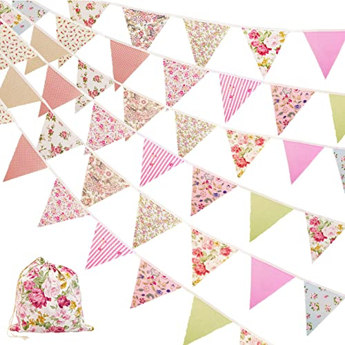 42PCS Fabric Bunting, 12M/40ft Floral Bunting Reusable Cotton Vintage Triangle Flags, Outdoor Bunting Banner for Wedding Baby Shower Garden Birthday Parties