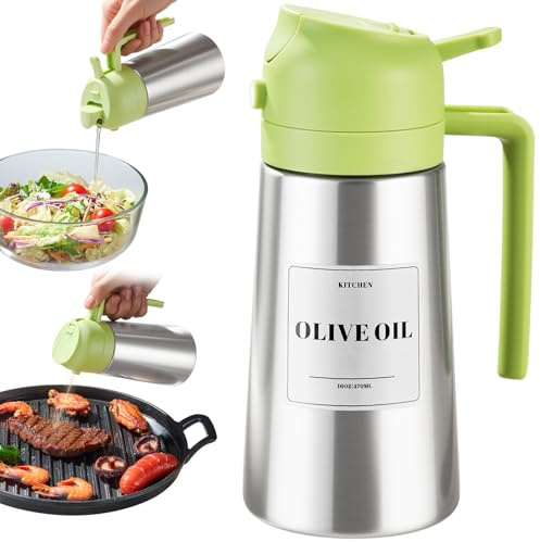 PARACITY Oil Dispenser Bottle with Stainless Steel Shell & Ceramic Sprayed Interior, 2 in 1 Olive Oil Sprayer and Dispenser, Oil Spray Bottle for Cooking, Kitchen, BBQ, Air Fryer, Salad, Baking(Green)