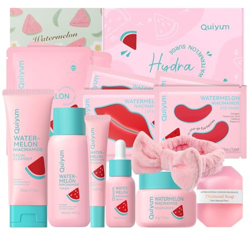QUIYUM Set di Cura della Pelle al Niacinamide con Anguria, Set da 14 Pezzi per Donne con Detergente, Tonico, Siero, Crema Contorno Occhi, Idratante, Maschera, Sapone e Fascia, Routine Glow Up