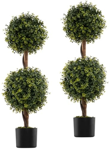 TANGZON Artificial Topiary Boxwood Tree, Fake Ball Shaped Plant with 2 Balls, Cement Base & Trunk, Indoor Outdoor Decorative Evergreen Plant for Home Living Room Garden Porch Hallway (2, 90cm)