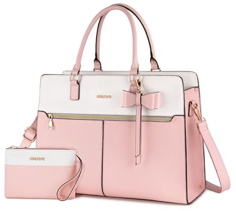 MOSISO Borsa Tote Laptop Donna, 15.6 Pollici Lavoro Pelle PU Impermeabile con Pochette e Fiocco, Borse a Mano Grande Capacita, Borsa a Tracolla Computer, Valigetta Lavoro Ufficio, Insegnante,Rosa