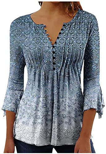 Long Sleeve Tops for Women UK Trendy Casual Floral Graphic Henry Shirts Ladies Elegant Dressy Tunic Tops Blouses Oversized V Neck Boho Henley Tees Swing Blouses Longine Shirts