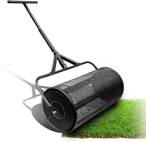 Esparcidor de compost y rodillo de musgo de turba de alta calidad, esparcidor de semillas de metal resistente para césped y jardines, esparcidor de estiércol eficiente, 42 x 42 x 68 cm, perfecto para