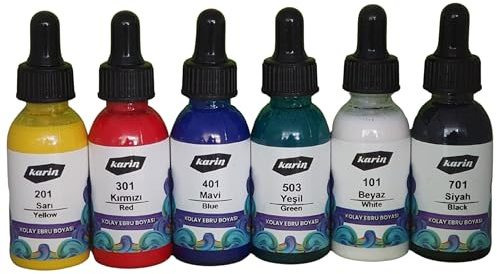 Ahsen Ebru – Marmorierfarben-Set 6-tlg. – Gebrauchsfertige 30 ml Tropfflaschen – Für Papier, Stoff, Holz & Keramik – Wasserbasierte Ebru-Farben für traditionelle Mustertechnik