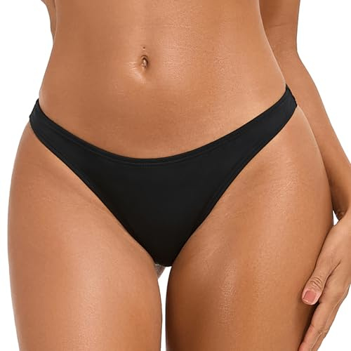 Deewrichy Women's Brazilian Thong Bikini Bottoms Low Rise Fully Lined V-Cut Ruched Swim Briefs Black,12