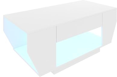 KEEPREAPER Couchtisch Wohnzimmertisch mit LED und 2 Schubladen Hochglanz | Boot-Form Design, für Wohnzimmer 106 x 50 x 41cm Weiß