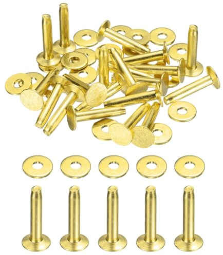sourcing map 20Set Copper Rivets and Burrs Washers 10x3.3x19mm Polish Finish Copper Solid Leather Rivet Fastener Studs Posts for Leather DIY Craft Belts Wallets Collars, Gold Yellow