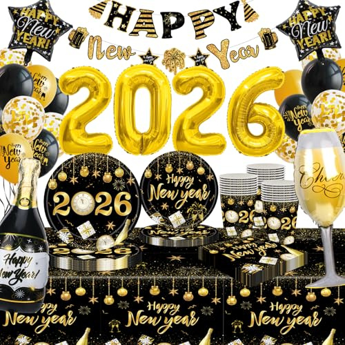 Ensemble de vaisselle de fête du Nouvel An, Décoration de Fête du Nouvel An 2026 avec Assiettes, tasses, serviettes en papier, nappe, ballons pour Décoration de fête du Nouvel An