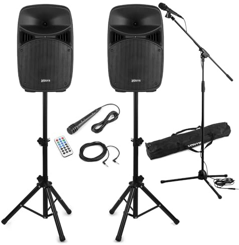 Vonyx VPS102 10 Active PA DJ Speaker System with Bluetooth, Adjustable Stands, Wired Microphone & Accessories – Complete DJ Gear Bundle for Small Venues, Home Events & Beginner DJs