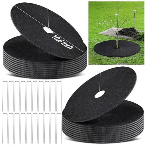 SYWHXY 20 Stück Vlies-Baummulchring, 27,9 cm, abbaubar, Baumschutzmatte, Unkrautbarriere, runde Matten mit 20 Klammern, Heringe für Unkrautwachstum, Wurzelschutz, beständig und wiederverwendbar