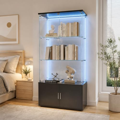 Zorvani Glasvitrine Standvitrine mit LED-Beleuchtung, 3 Lagen & abschließbaren Türen, Vitrinenschrank aus Holz & Glas für Sammlervitrine, Wein, Wohnzimmer, Schlafzimmer