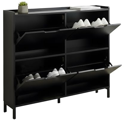 Relaxdays Schuhkipper, 4 Fächer, 16 Schuhe, HBT: 90 x 100 x 19 cm, schmaler Schuhschrank inkl. Kippschutz, schwarz