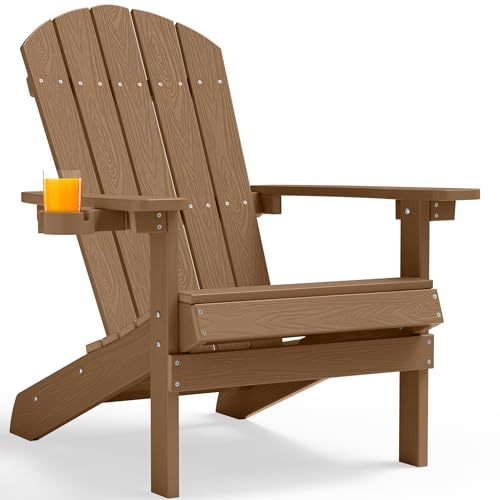 MXIMU Adirondack Stuhl für Outdoor Garten: Allwetter Adirondack Chair Kunststoff HIPS mit Getränkehalter für Outdoor Stuhl - Adirondack Gartensessel Wetterfest für Balkon/Terrasse/Feuerstelle(Teak)