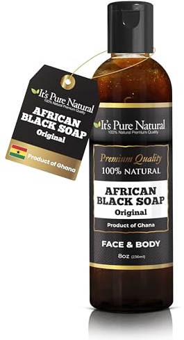 It's Pure Natural African Black Soap, Liquid Form, Traditional Handmade Raw Soap with Shea Butter and Coconut Oil, Face and Body Cleanser, (8oz, Original)